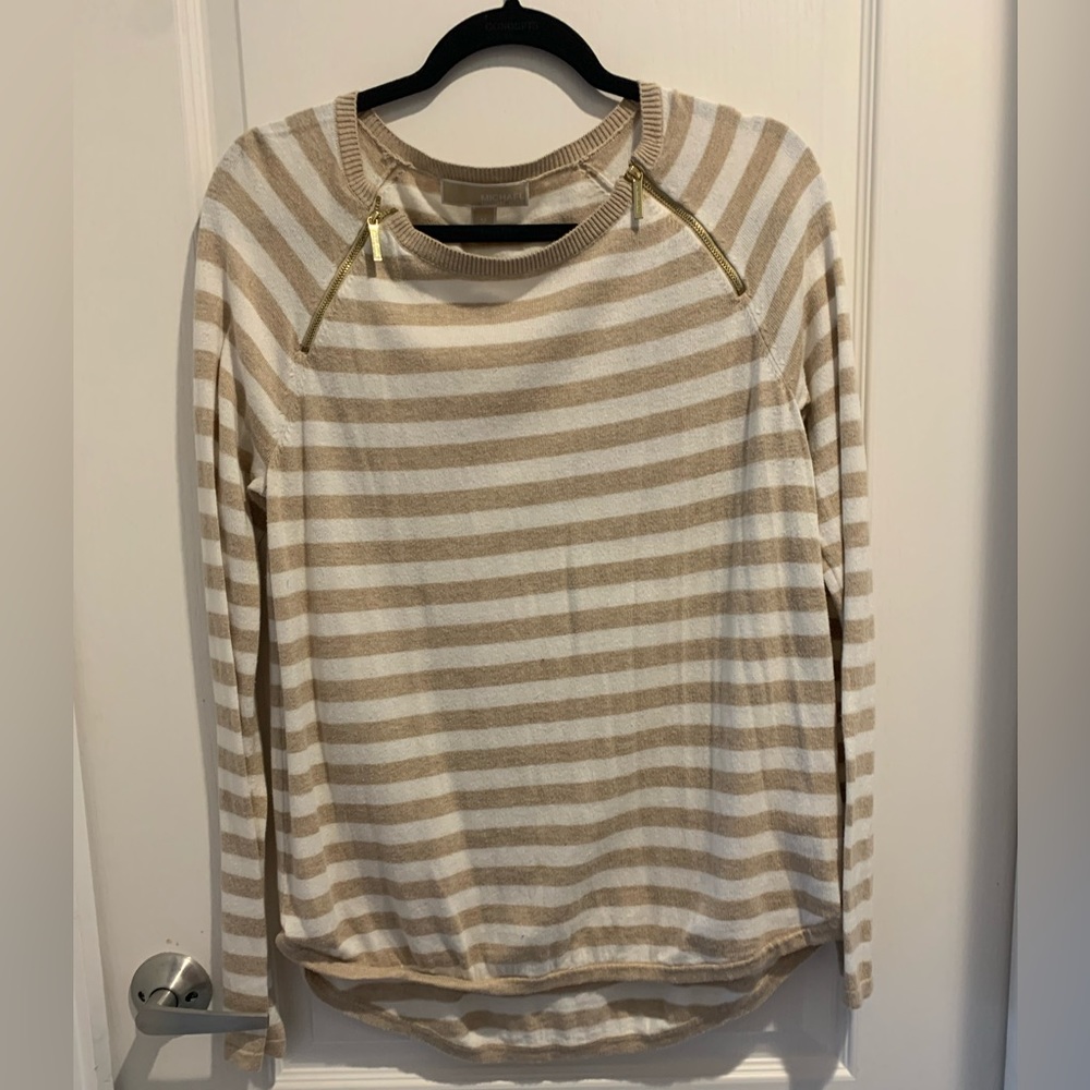 Michael Kors Women Medium Striped Long Sleeve Sweater Gold Zipper Beige Fall